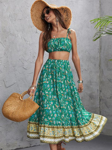 Women's Ethnic Printed Sling Top + Skirt Two-Piece Set