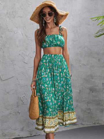 Women's Ethnic Printed Sling Top + Skirt Two-Piece Set