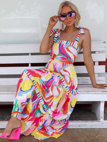 Holiday Bohemian Print Sling Paneled Swing Dress