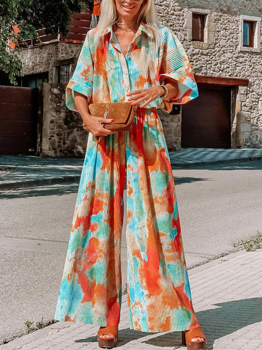 Casual bohemian smudged colorful loose wide-leg jumpsuit