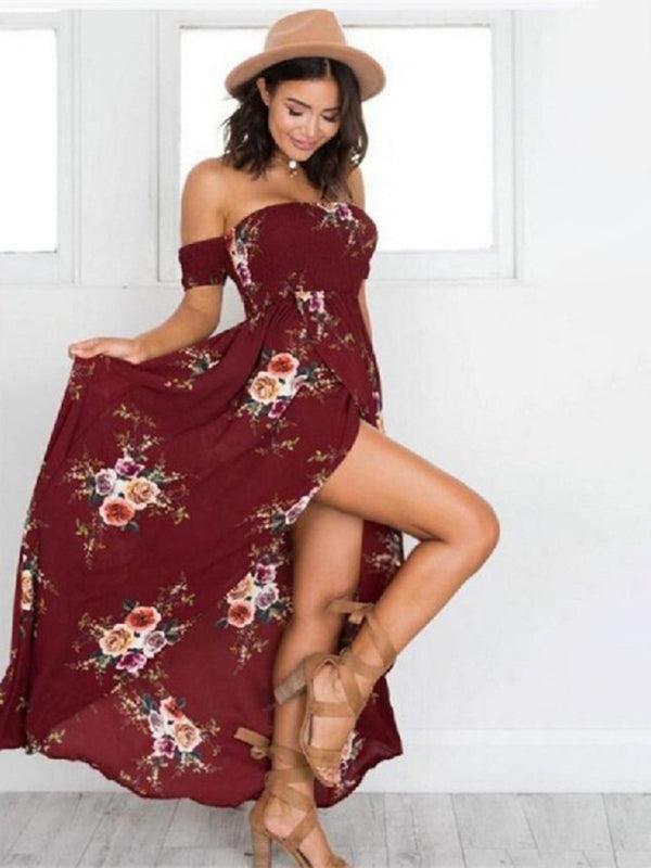 Women's printed one-shoulder strapless chiffon printed slit dress