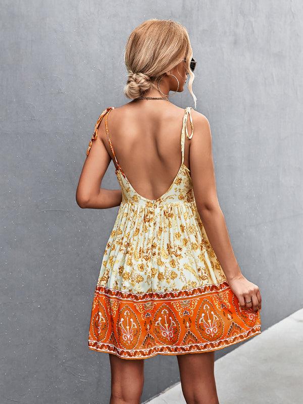 Women's bohemian holiday style backless positioning flower dress