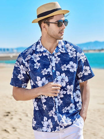 Men's Floral Print Short Sleeve Button-Up Shirt