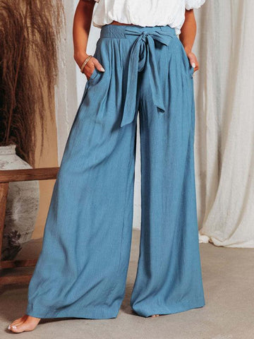 Women's Solid Color Drawstring Knot Wide Leg Trousers