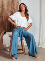 Women's Solid Color Drawstring Knot Wide Leg Trousers