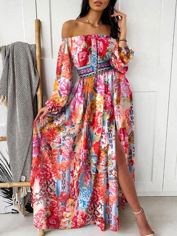 Printed Dress One-shoulder pullover retro long-sleeved long-sleeved dress with slits