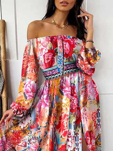 Printed Dress One-shoulder pullover retro long-sleeved long-sleeved dress with slits