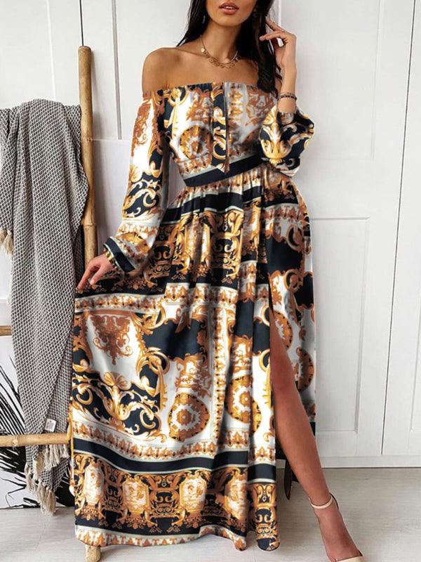 Printed Dress One-shoulder pullover retro long-sleeved long-sleeved dress with slits