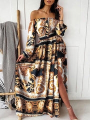 Printed Dress One-shoulder pullover retro long-sleeved long-sleeved dress with slits