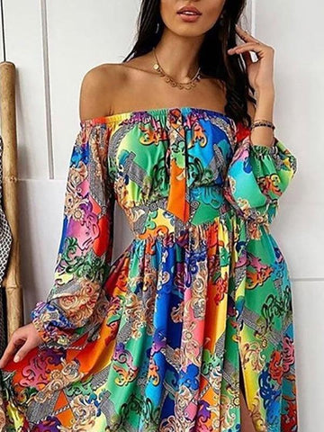 Printed Dress One-shoulder pullover retro long-sleeved long-sleeved dress with slits