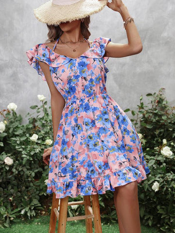 New  V Neck Fashion Print Ruffle Dress