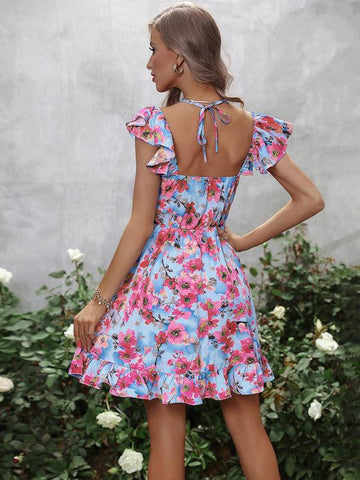 New  V Neck Fashion Print Ruffle Dress