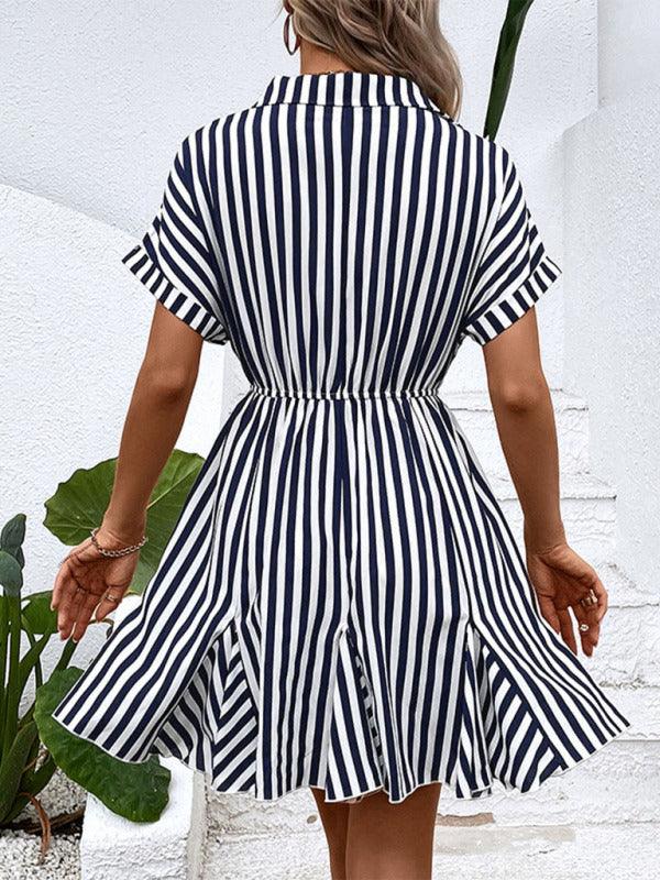 New Fashion Ladies Casual Lapel Striped Shirt Dress