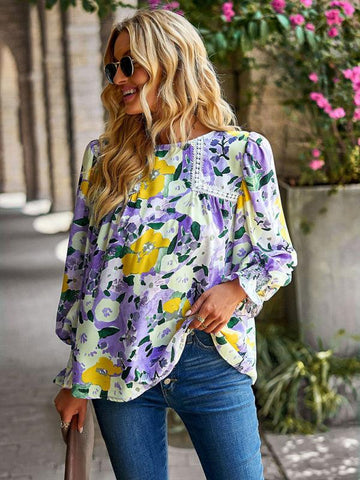 Women's lace stitching floral temperament top all-match blouse