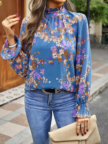 Elegant commuter plant print stitching ruffled shirt