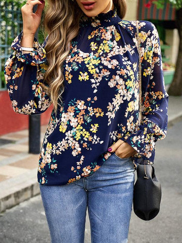 Elegant commuter plant print stitching ruffled shirt