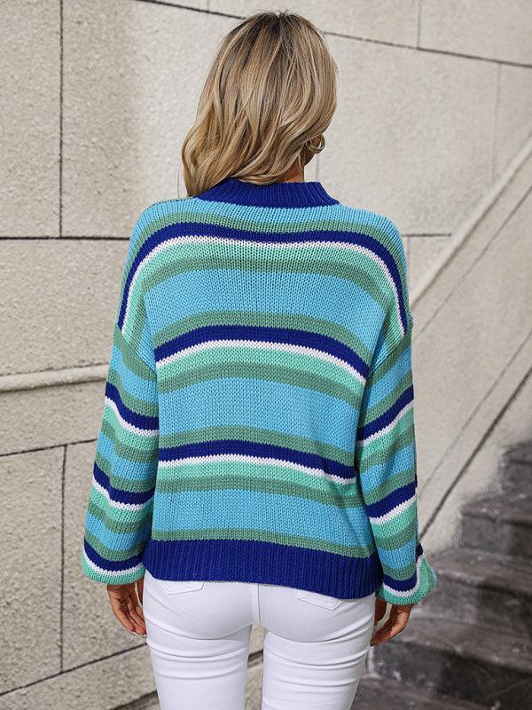 Paneled Knit Loose Intercolor Crewneck Striped Sweater