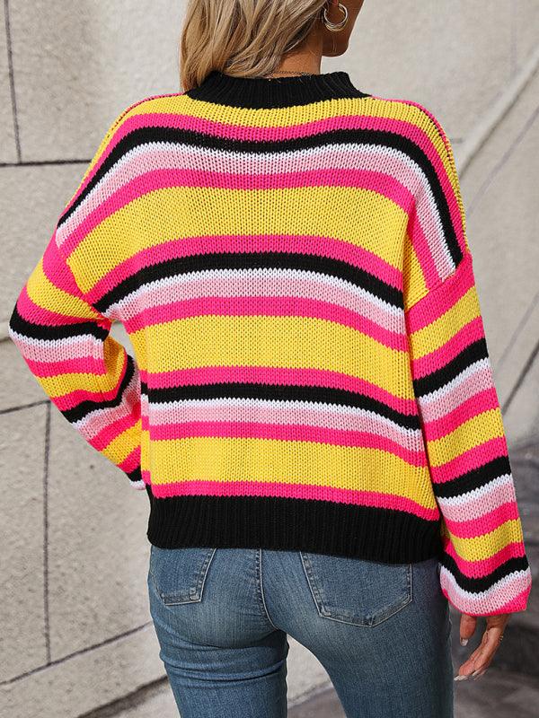 Paneled Knit Loose Intercolor Crewneck Striped Sweater