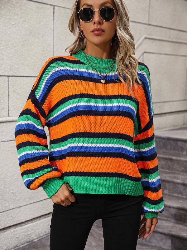 Paneled Knit Loose Intercolor Crewneck Striped Sweater