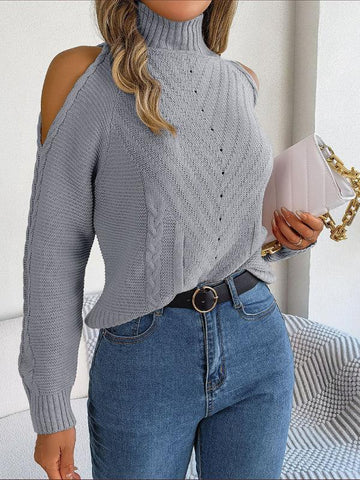 New women's off-the-shoulder turtleneck hollow-out long-sleeved knitted pullover sweater