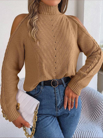 New women's off-the-shoulder turtleneck hollow-out long-sleeved knitted pullover sweater