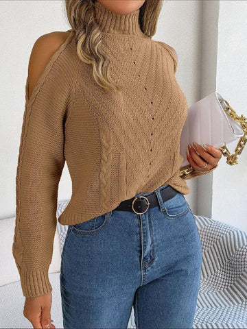 New women's off-the-shoulder turtleneck hollow-out long-sleeved knitted pullover sweater