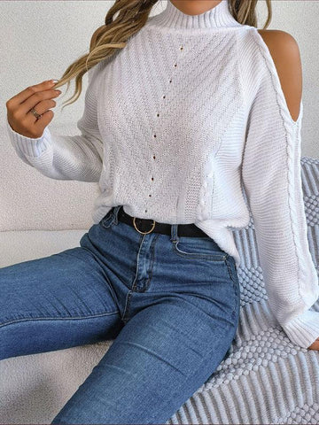 New women's off-the-shoulder turtleneck hollow-out long-sleeved knitted pullover sweater