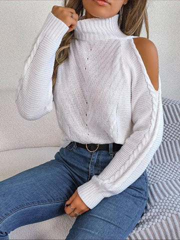 New women's off-the-shoulder turtleneck hollow-out long-sleeved knitted pullover sweater