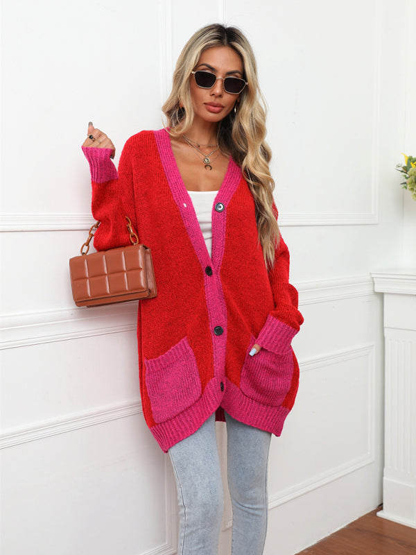 New Women's Sweater Stitching Red Fashion Personality Cardigan Jacket Tops