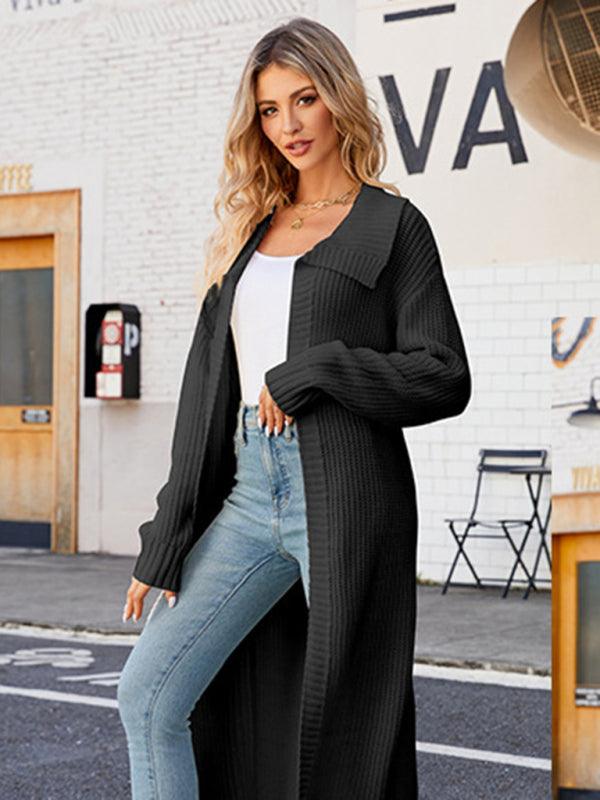New style lapel long sweater knitted cardigan casual loose sweater jacket