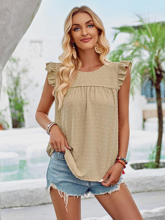 Round neck slim fit fresh ruffled short-sleeved top