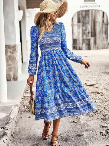 Women's New Bohemian Casual Resort Style V-Neck Dress