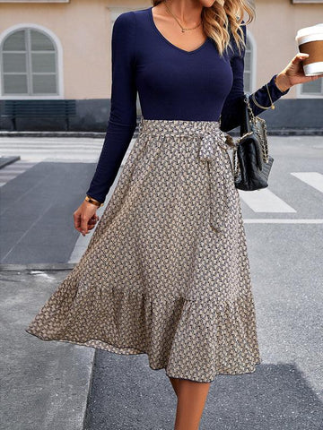 Women's elegant V-neck long-sleeved slim-fit patchwork dress