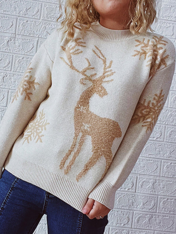 Women's Round Neck Long Sleeve Christmas Sweater New Year Snowflake Fawn Jacquard Knit Sweater