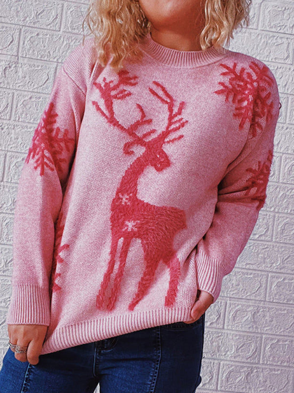 Women's Round Neck Long Sleeve Christmas Sweater New Year Snowflake Fawn Jacquard Knit Sweater