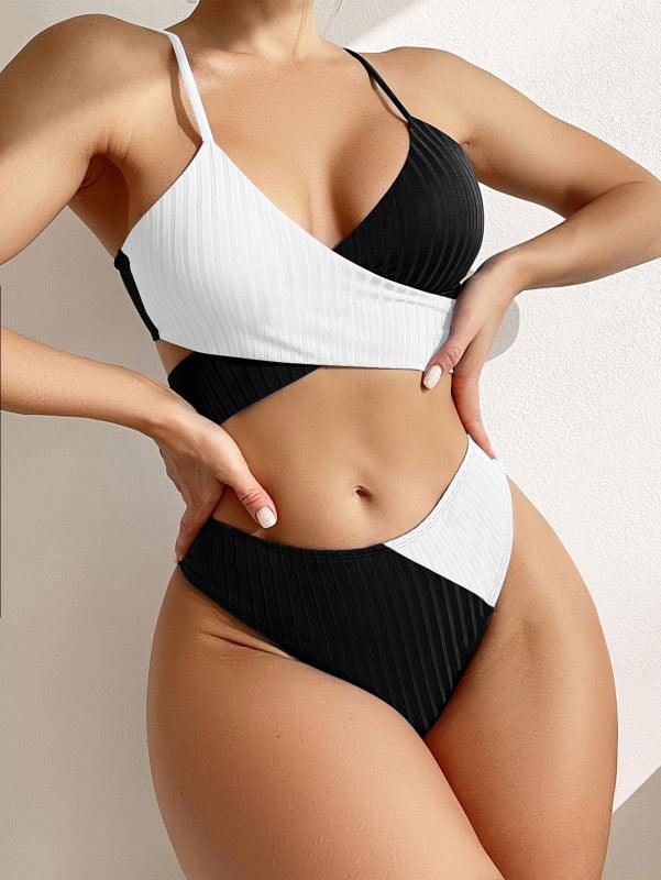 Kvinders Color Block Cross Front High Waist Bikini Sæt