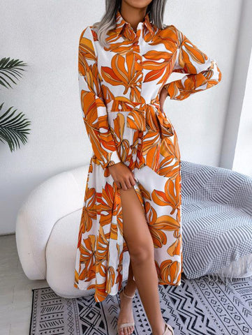 Women's Floral Print Lapel Tie Shirt Dress