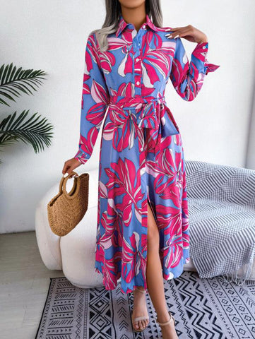 Women's Floral Print Lapel Tie Shirt Dress